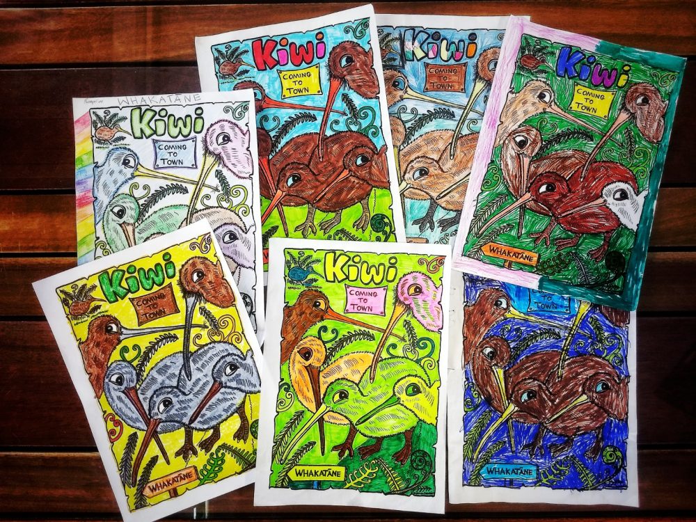 Entries to a kiwi colouring contest.