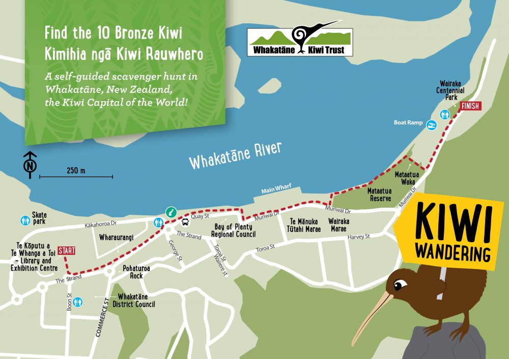 This map of Whakatāne, New Zealand shows the Kiwi Wandering Trail. 