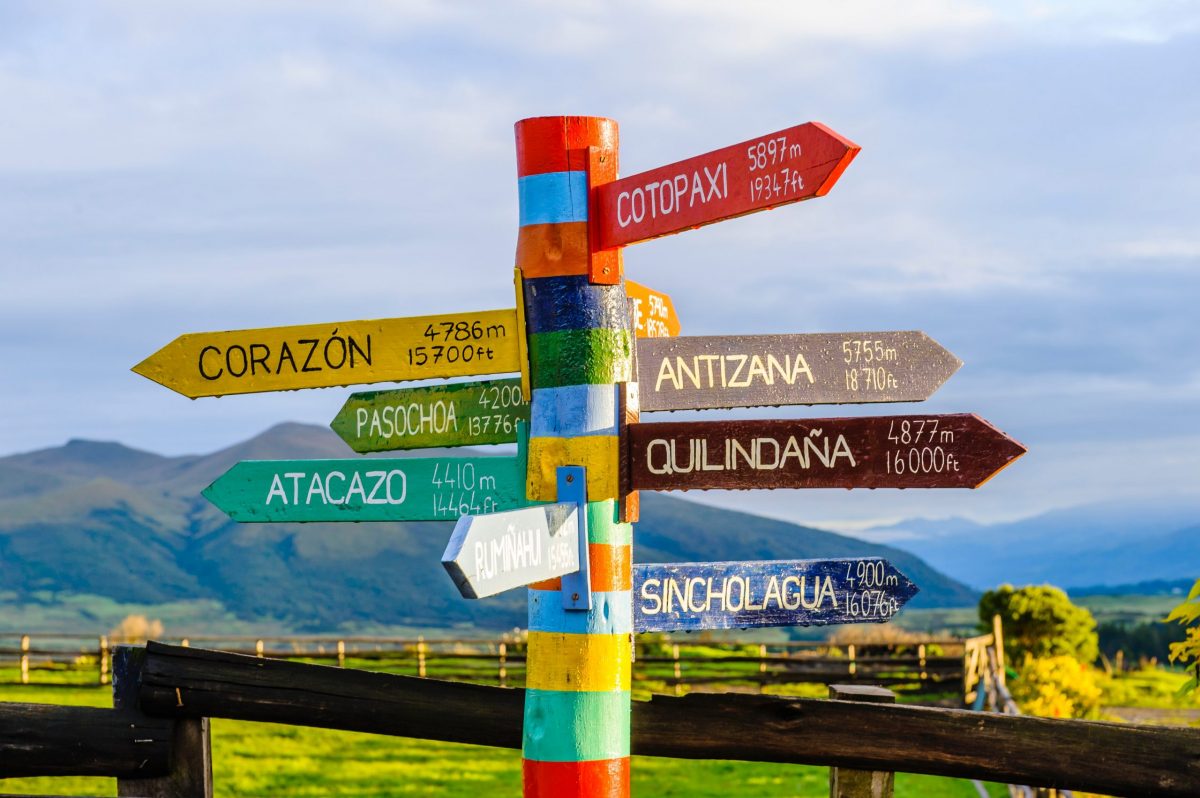 A colourful signpost pointing to many destinations. Mountain in background.