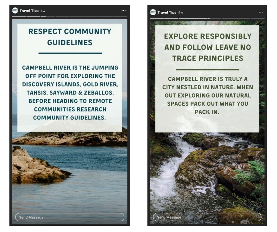 The Travel Tips series created by our team at Destination Campbell River aligns strongly with existing messages of respecting wild spaces and remote communities. 