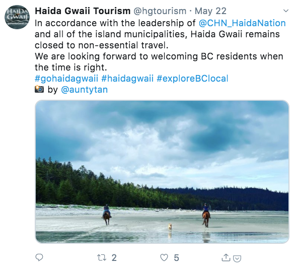 Haida Gwaii Tourism’s Twitter feed repeats a clear message paired with different images.