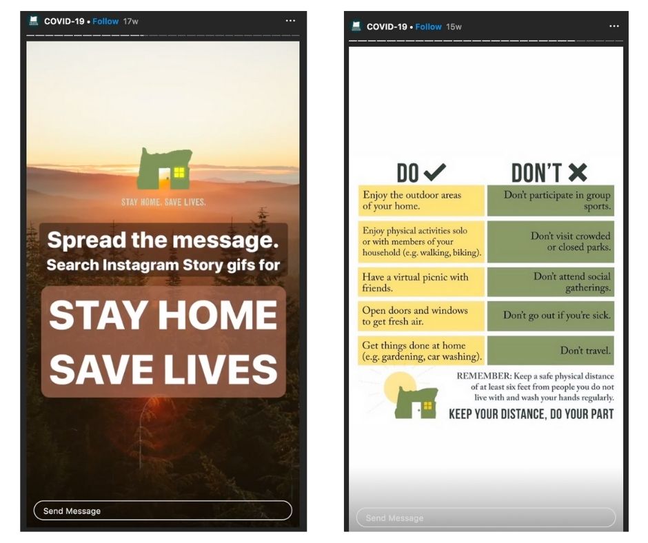 The Travel Oregon ‘Stay Home. Save Lives.’ GIF allows locals to connect to pride of place and be part of a community effort to encourage safe behaviour. The do’s and don’ts checklist is an example of clear, helpful, sharable content. 