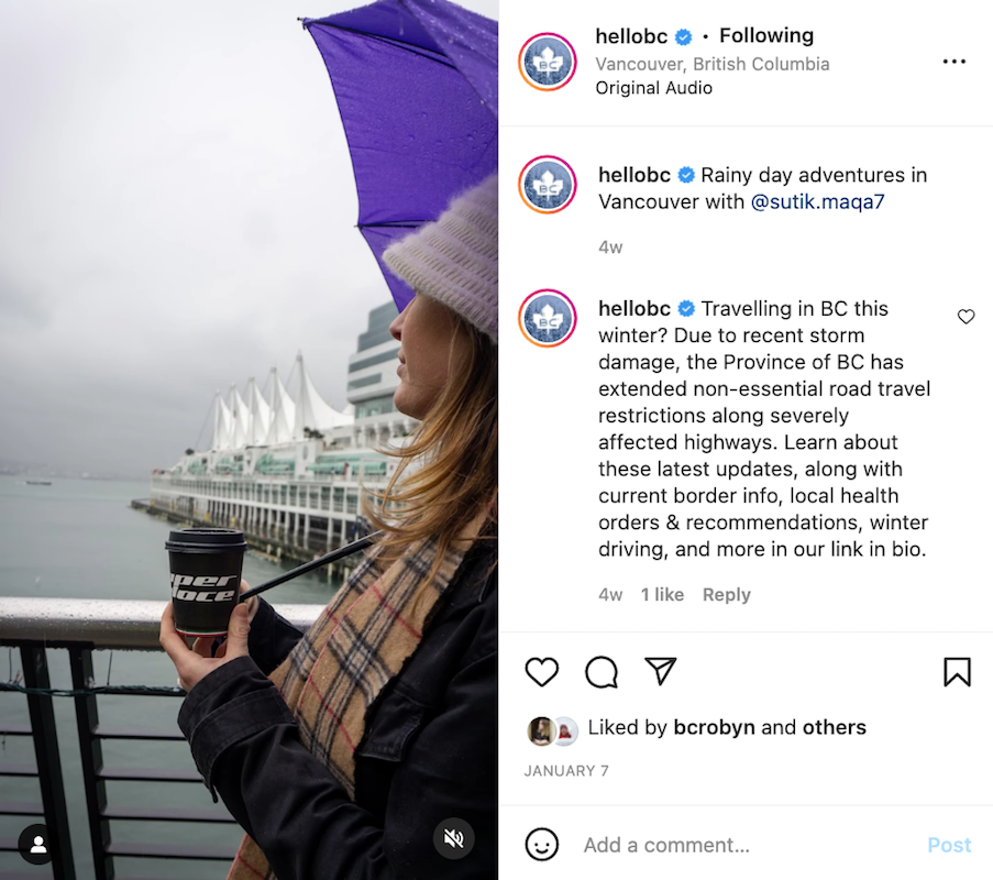 Destination BC's Instagram video shows a woman drinking a coffee looking over a railing to Vancouver's waterfront. Canada Place is on the right.