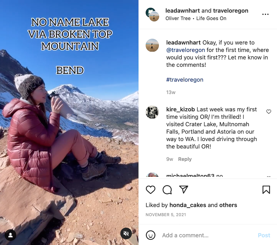 Travel Oregon's Instagram video shows someone sitting atop a cliff and the words "No name lake via Broken Top Mountain. Bend." 