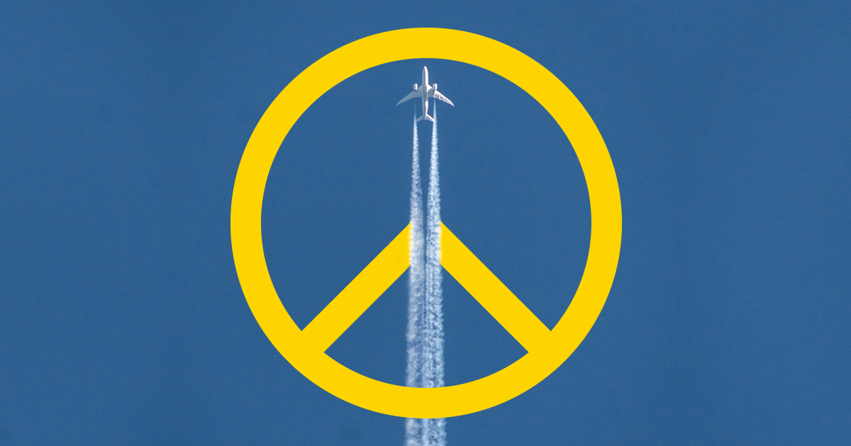 A peace symbol drawn in part by an airliner is shown in the blue and yellow colours of Ukraine.