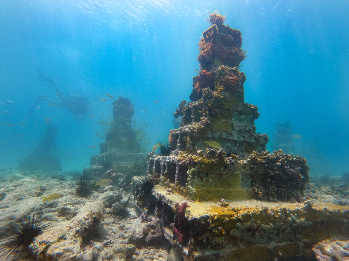 A diver swims next to three artificial reef pyramids in Grenada.