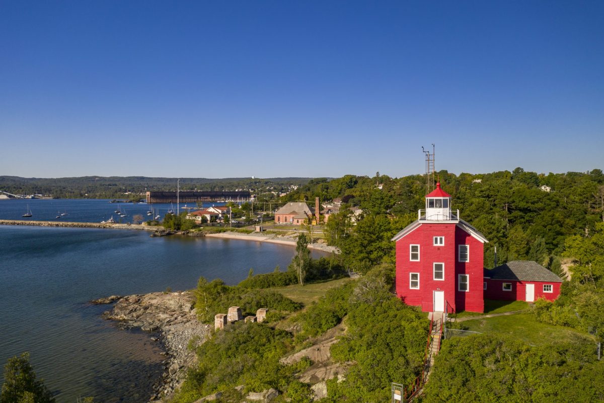 Drone view of the Marquette Lighthouse in Marquette, Michigan on Lake Superior.