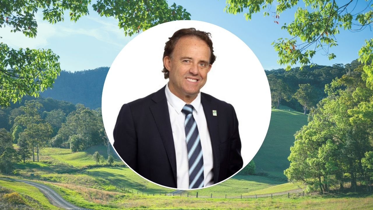 A man in a suit and tie smiles at the camera. The background image shows a green meadow.