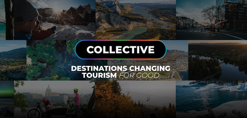 Collective page Collective. Destinations changing tourism for good. A collage of destination images is in the background.