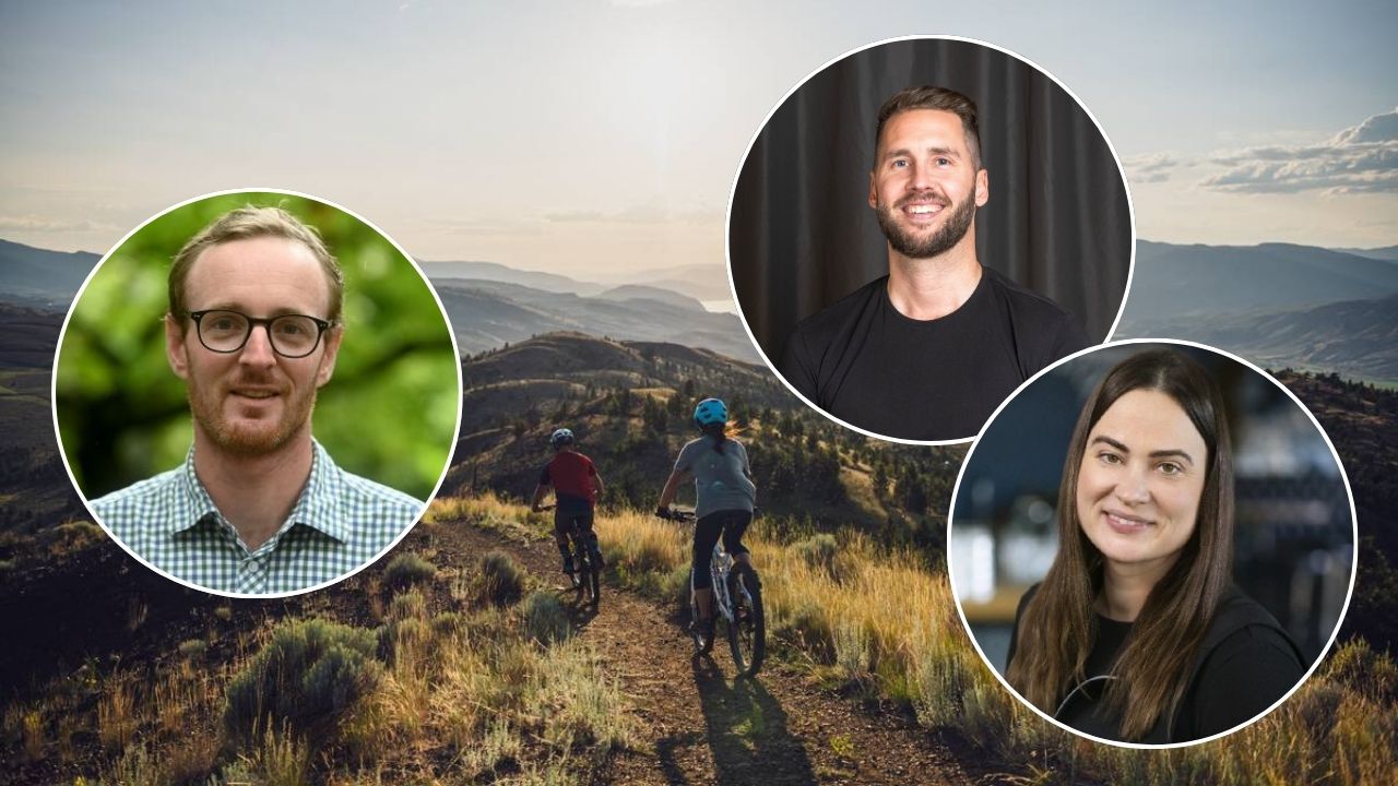 Three headshots. At left, Benje Patterson. At right, Mike Overend and Carmen Herman. Background image of trail cyclists in the Thompson Okanagan region.